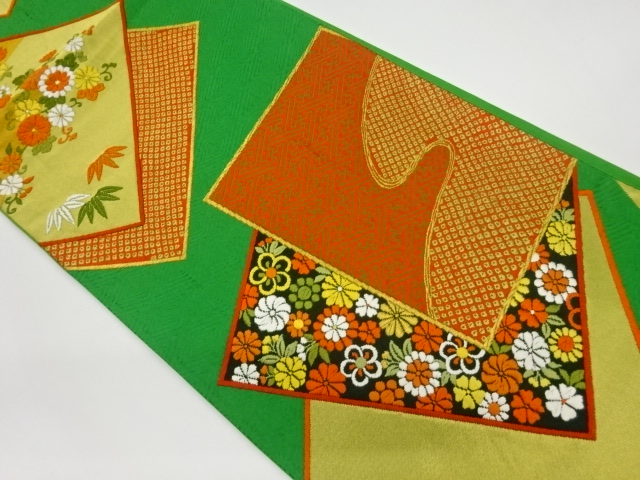 リサイクル　唐織色紙に花・古典柄模様織出し袋帯